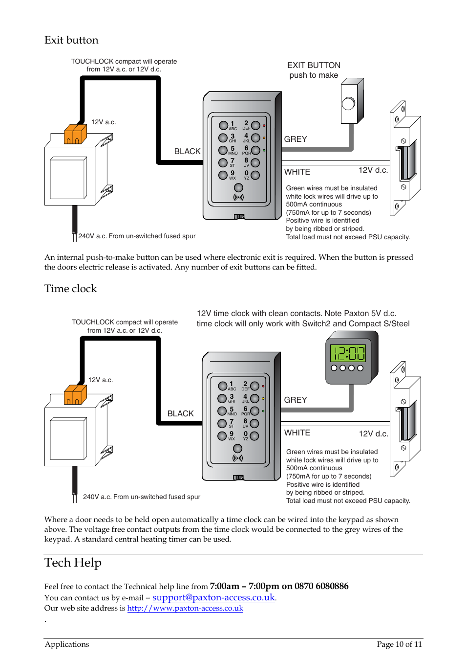 Tech help, Exit button, Time clock | Support@paxton-access.co.uk | Paxton TOUCHLOCK compact stainless steel User Manual | Page 10 / 11