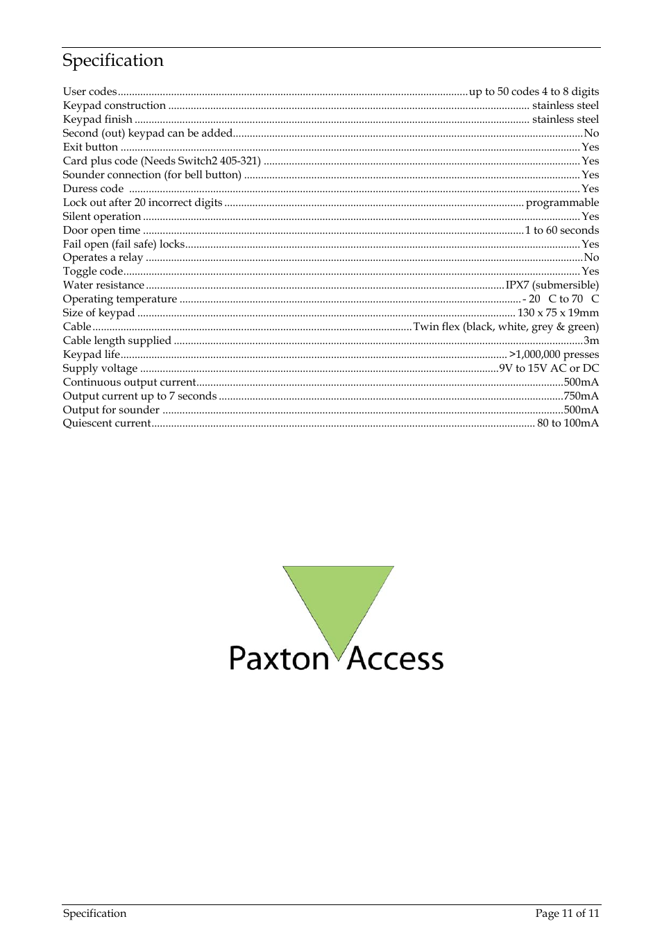 Specification | Paxton TOUCHLOCK compact stainless steel User Manual | Page 11 / 11