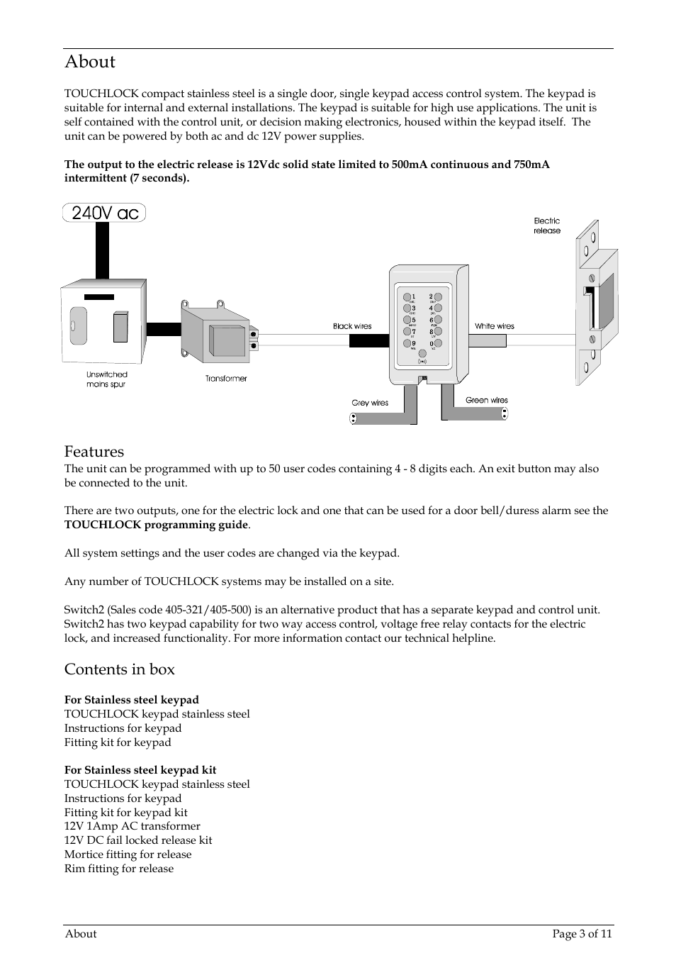 About, Features, Contents in box | Paxton TOUCHLOCK compact stainless steel User Manual | Page 3 / 11