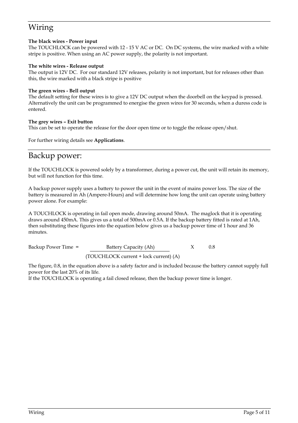 Wiring, Backup power | Paxton TOUCHLOCK compact stainless steel User Manual | Page 5 / 11