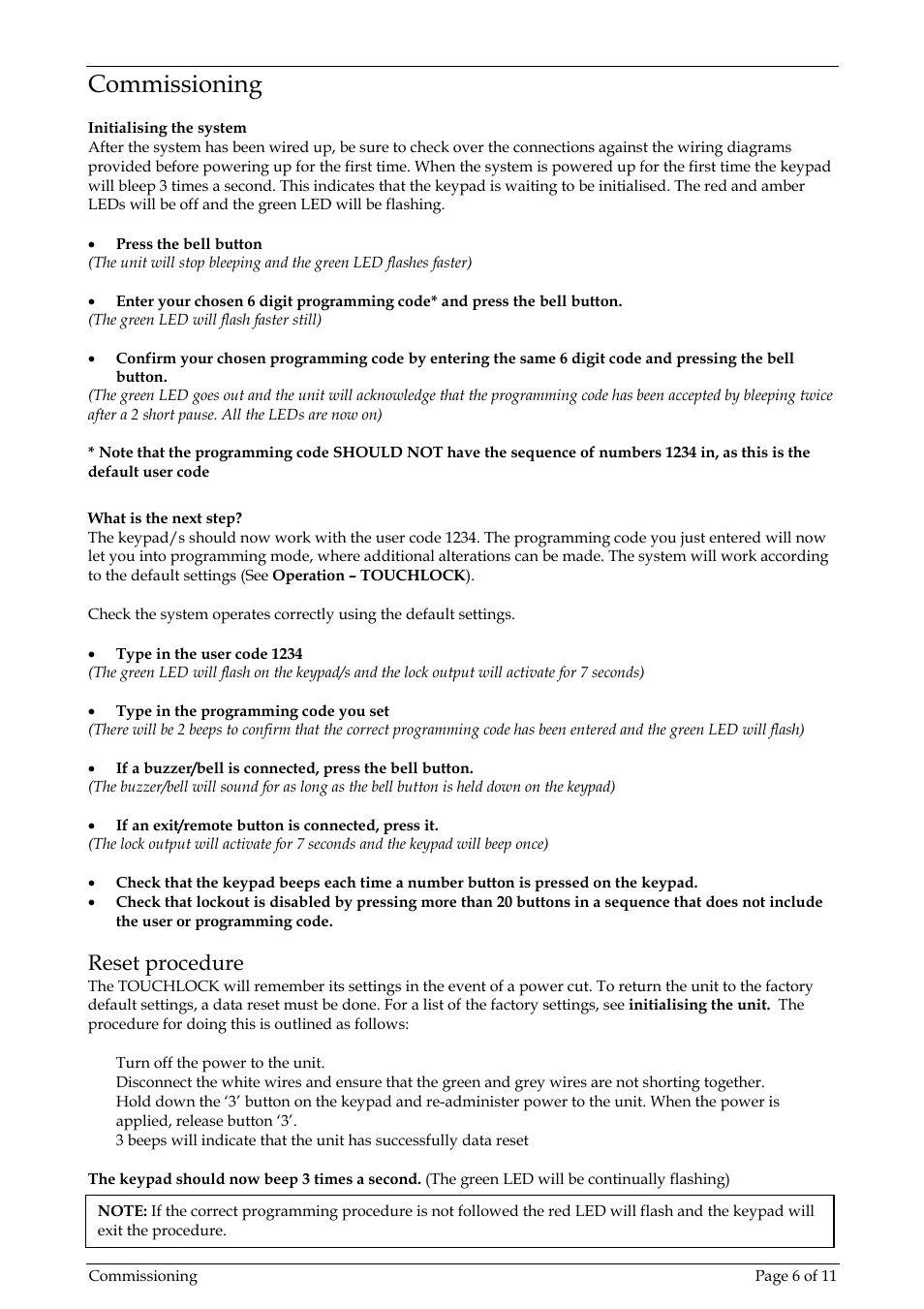 Commissioning, Reset procedure | Paxton TOUCHLOCK compact stainless steel User Manual | Page 6 / 11