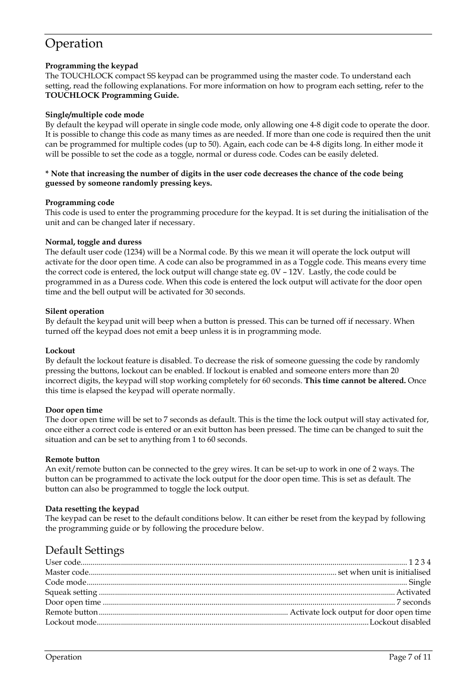 Operation, Default settings | Paxton TOUCHLOCK compact stainless steel User Manual | Page 7 / 11