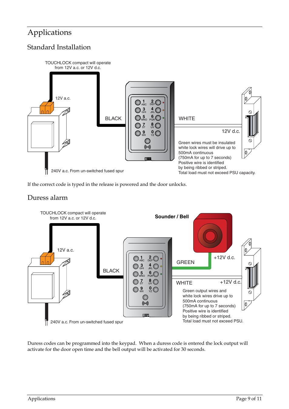 Applications, Standard installation, Duress alarm | Paxton TOUCHLOCK compact stainless steel User Manual | Page 9 / 11