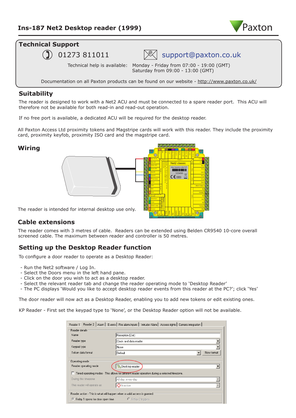 Paxton, Technical support, Suitability wiring | Setting up the desktop reader function | Paxton Net2 Desktop reader (1999) User Manual | Page 2 / 2