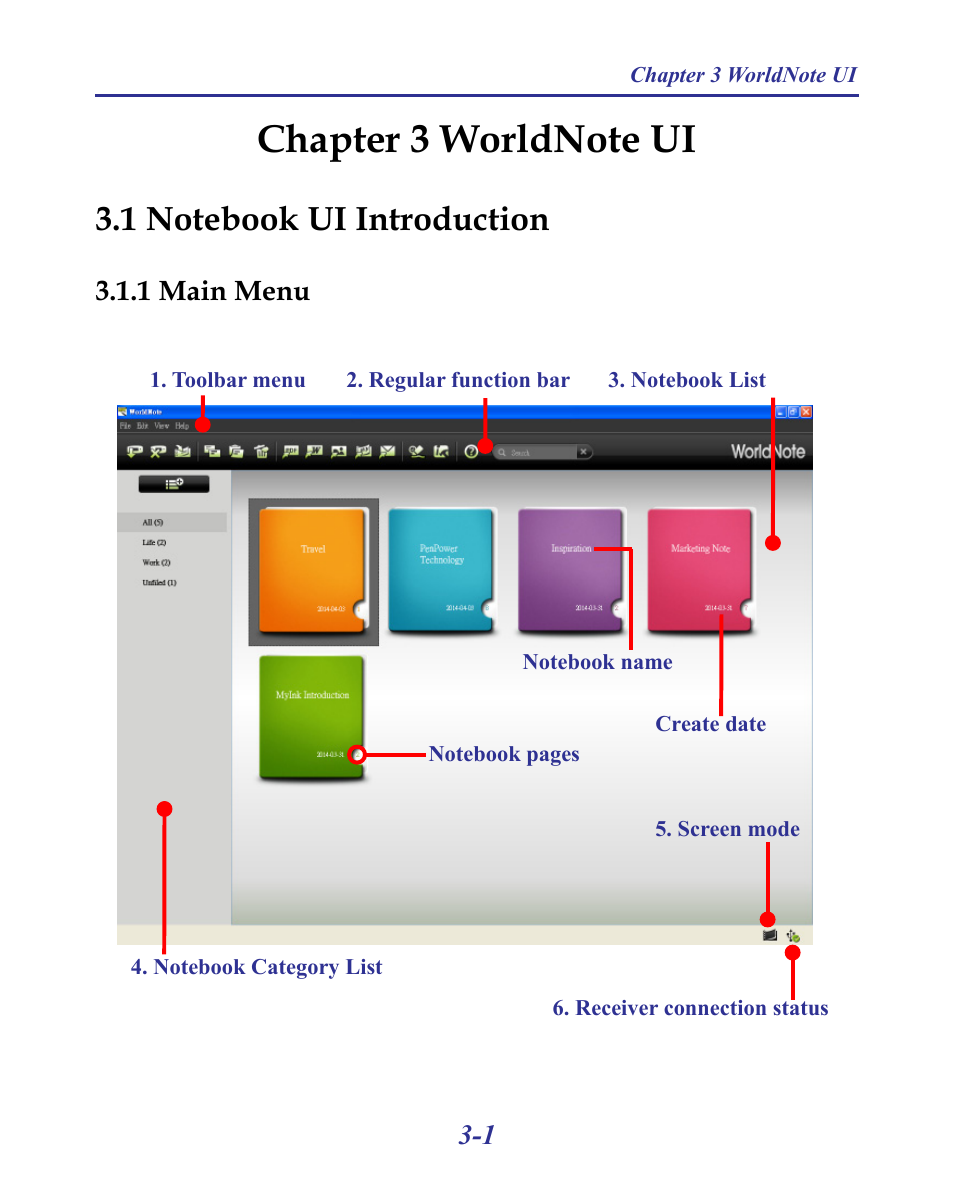 Chapter 3 worldnote ui -1, 1 notebook ui introduction -1, 1 main menu -1 | Penpower MyInk (iOS/Win) User Manual | Page 39 / 90