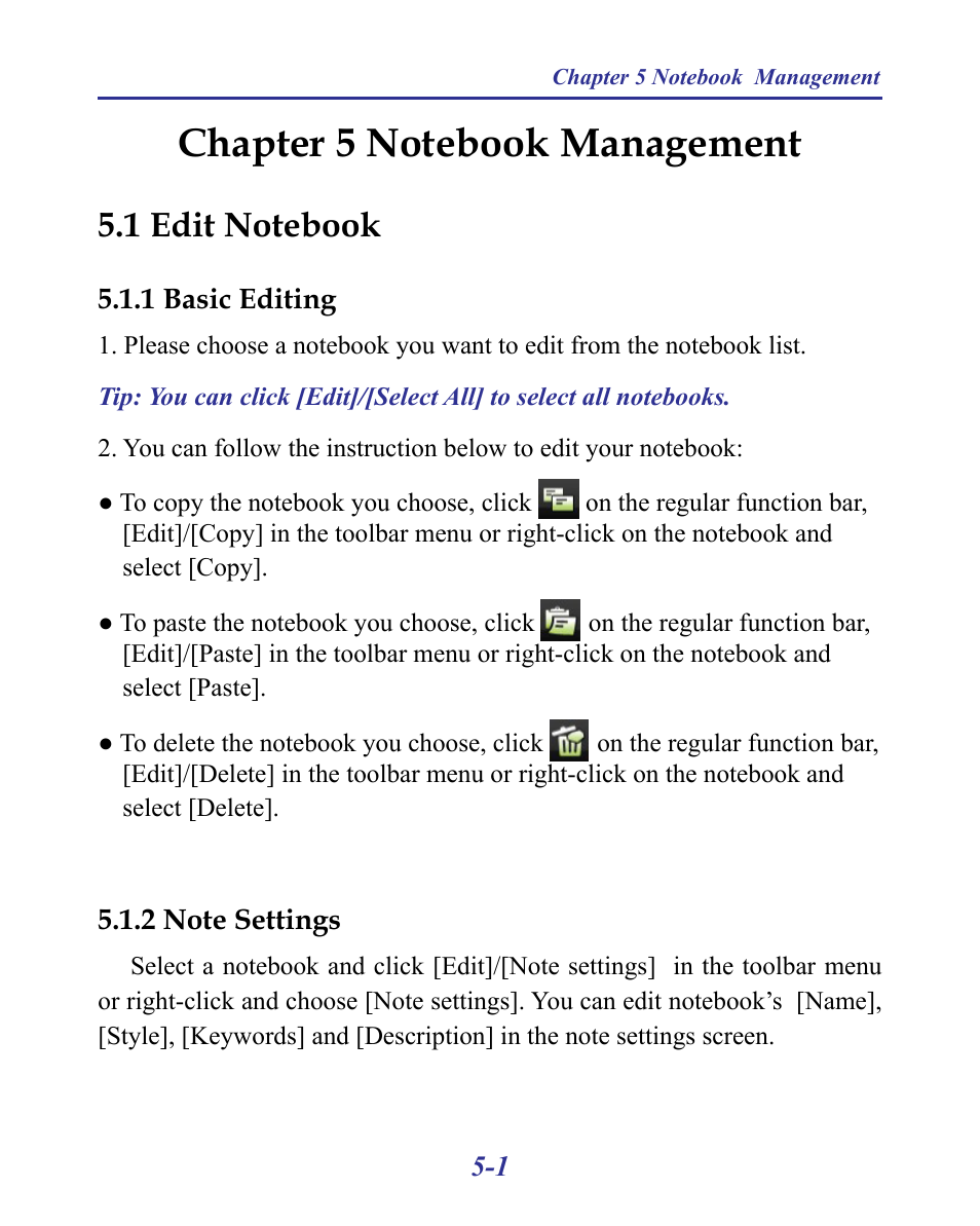Chapter 5 notebook management -1, 1 edit notebook -1, 1 basic editing -1 5.1.2 note settings -1 | Penpower MyInk (iOS/Win) User Manual | Page 49 / 90