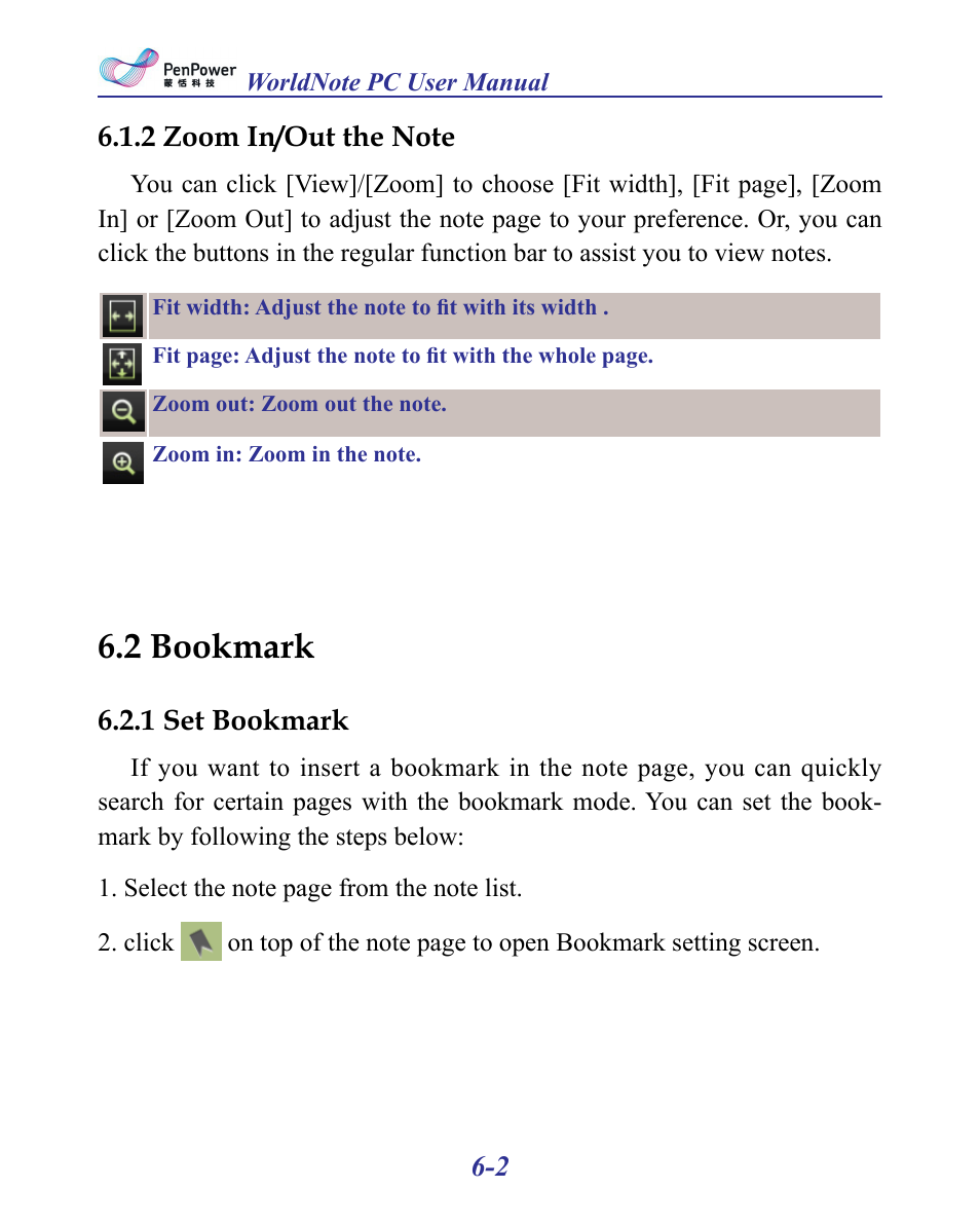 2 zoom in/out the note -2, 2 bookmark -2, 1 set bookmark -2 | 2 bookmark | Penpower MyInk (iOS/Win) User Manual | Page 56 / 90