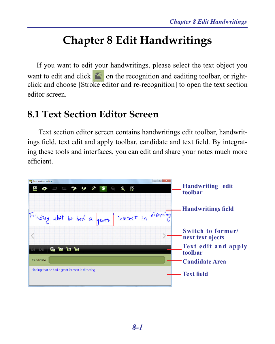 Chapter 8 edit handwritings -1, 1 text section editor screen -1, Chapter 8 edit handwritings | Penpower MyInk (iOS/Win) User Manual | Page 72 / 90