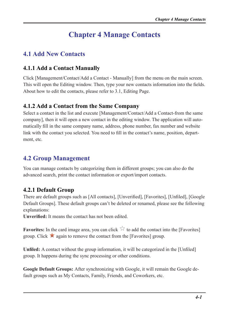 Chapter 4 manage contacts, 1 add new contacts, 2 group management | Penpower WorldCard plus (Mac) v.3.2 User Manual | Page 15 / 33