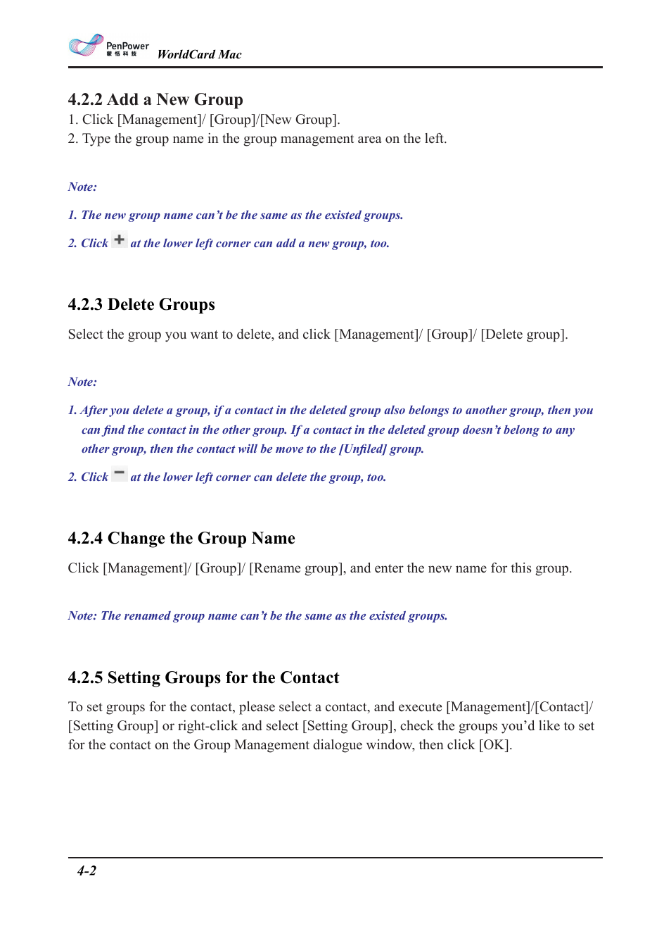 2 add a new group, 3 delete groups, 4 change the group name | 5 setting groups for the contact | Penpower WorldCard plus (Mac) v.3.2 User Manual | Page 16 / 33