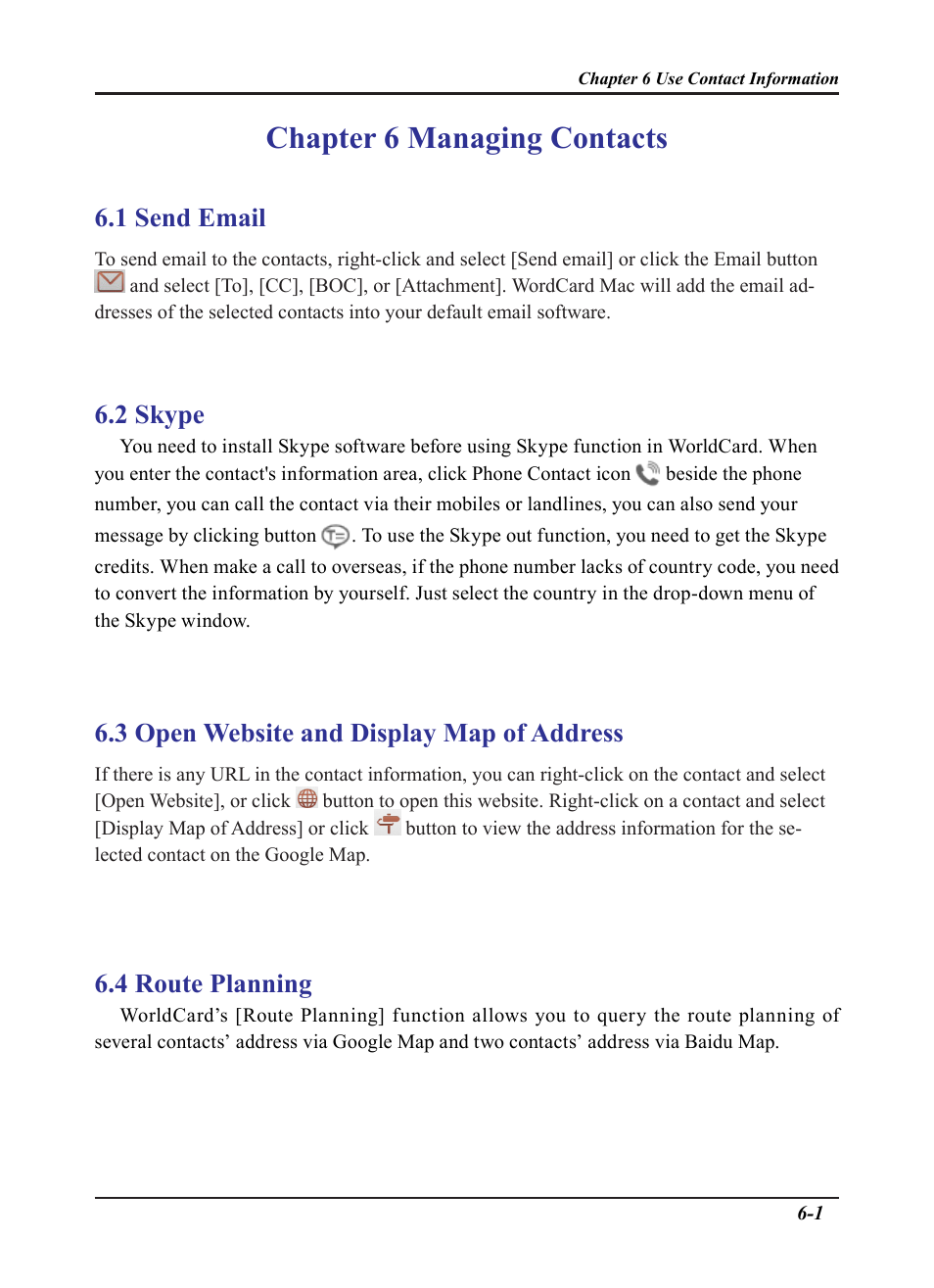 Chapter 6 managing contacts, 1 send email, 2 skype | 3 open website and display map of address, 4 route planning | Penpower WorldCard plus (Mac) v.3.2 User Manual | Page 21 / 33