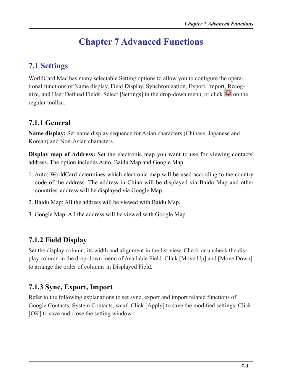 Chapter 7 advanced functions, 1 settings | Penpower WorldCard plus (Mac) v.3.2 User Manual | Page 23 / 33