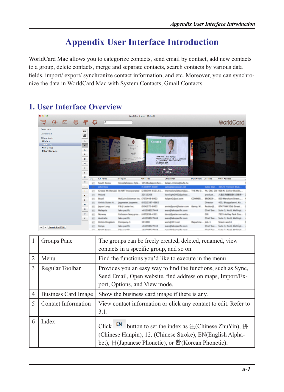 Appendix user interface introduction, User interface overview | Penpower WorldCard plus (Mac) v.3.2 User Manual | Page 28 / 33