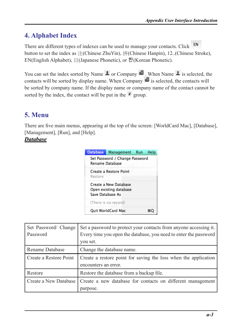 Alphabet index, Menu | Penpower WorldCard plus (Mac) v.3.2 User Manual | Page 30 / 33