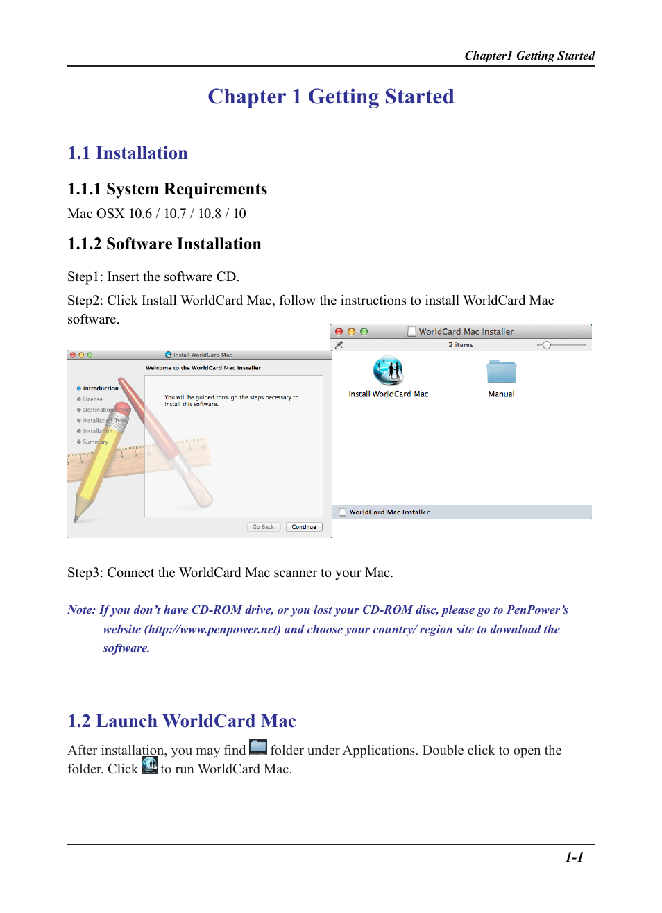 Chapter 1 getting started, 1 installation, 2 launch worldcard mac | Penpower WorldCard plus (Mac) v.3.2 User Manual | Page 6 / 33