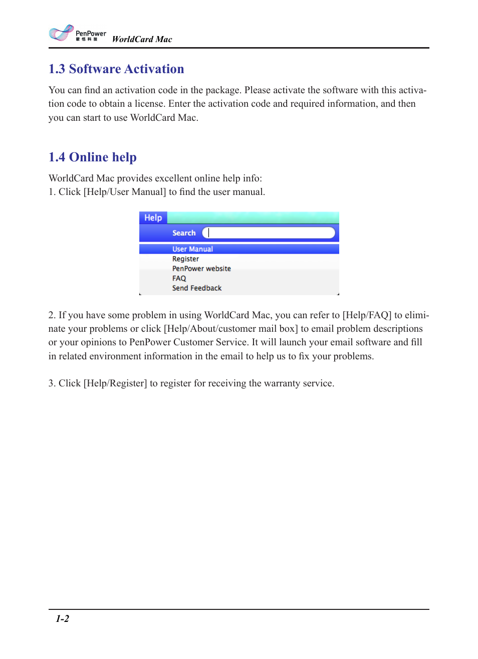 3 software activation, 4 online help | Penpower WorldCard plus (Mac) v.3.2 User Manual | Page 7 / 33