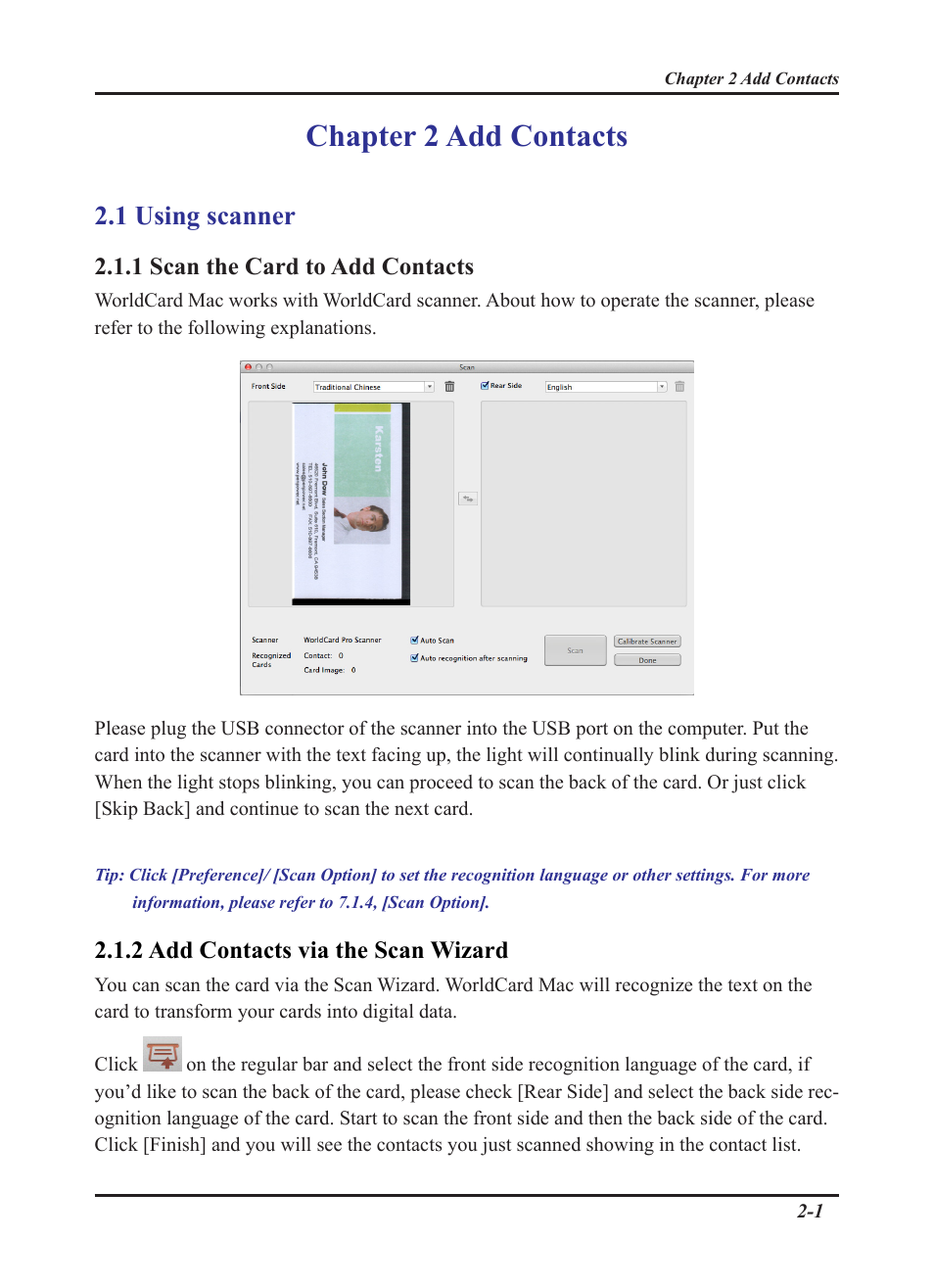 Chapter 2 add contacts, 1 using scanner | Penpower WorldCard plus (Mac) v.3.2 User Manual | Page 8 / 33