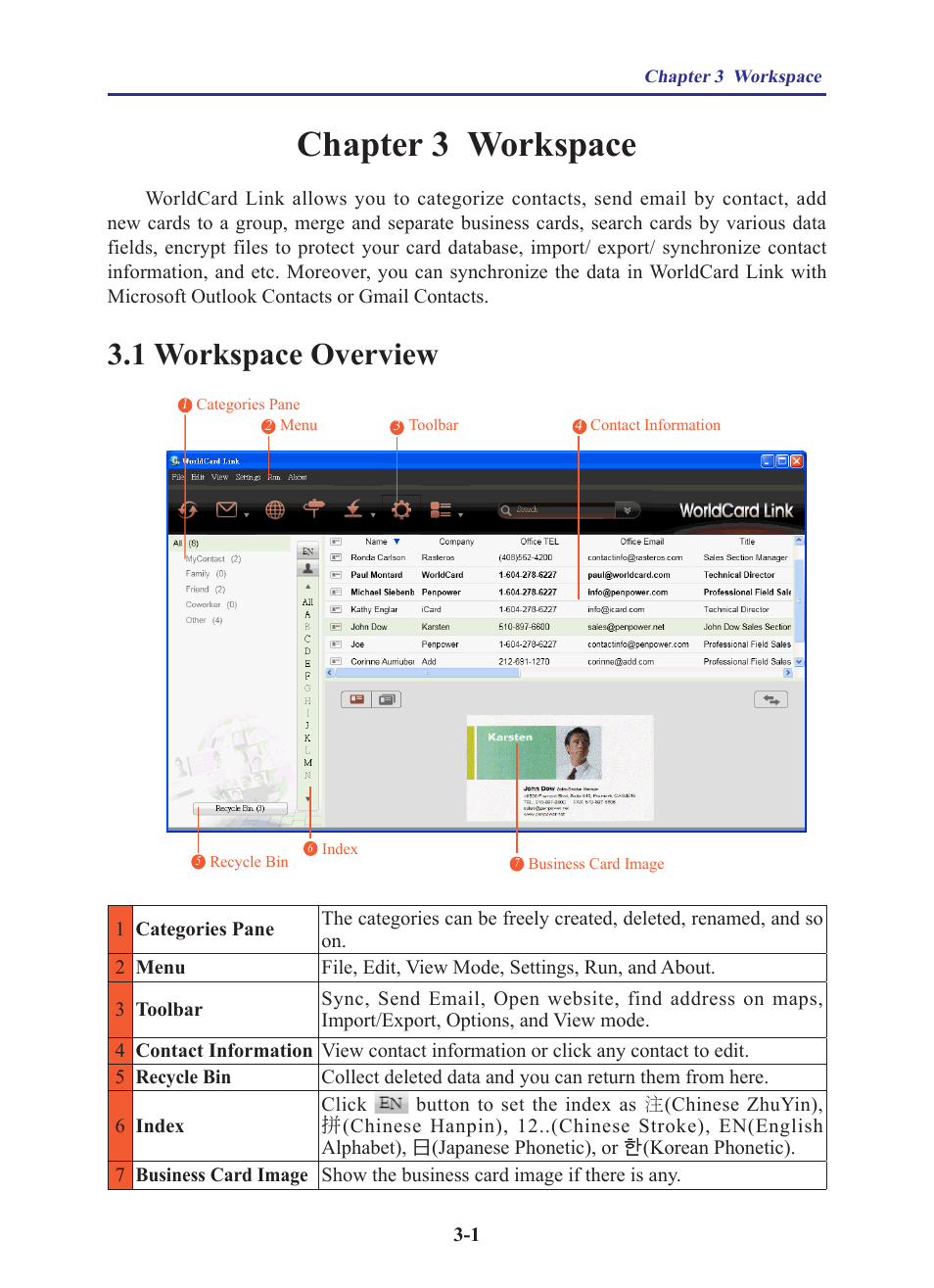 Chapter 3 workspace, 1 workspace overview, Chapter 3 workspace -1 | 1 workspace overview -1 | Penpower WorldCard Link pro (iOS/Win) User Manual | Page 10 / 38