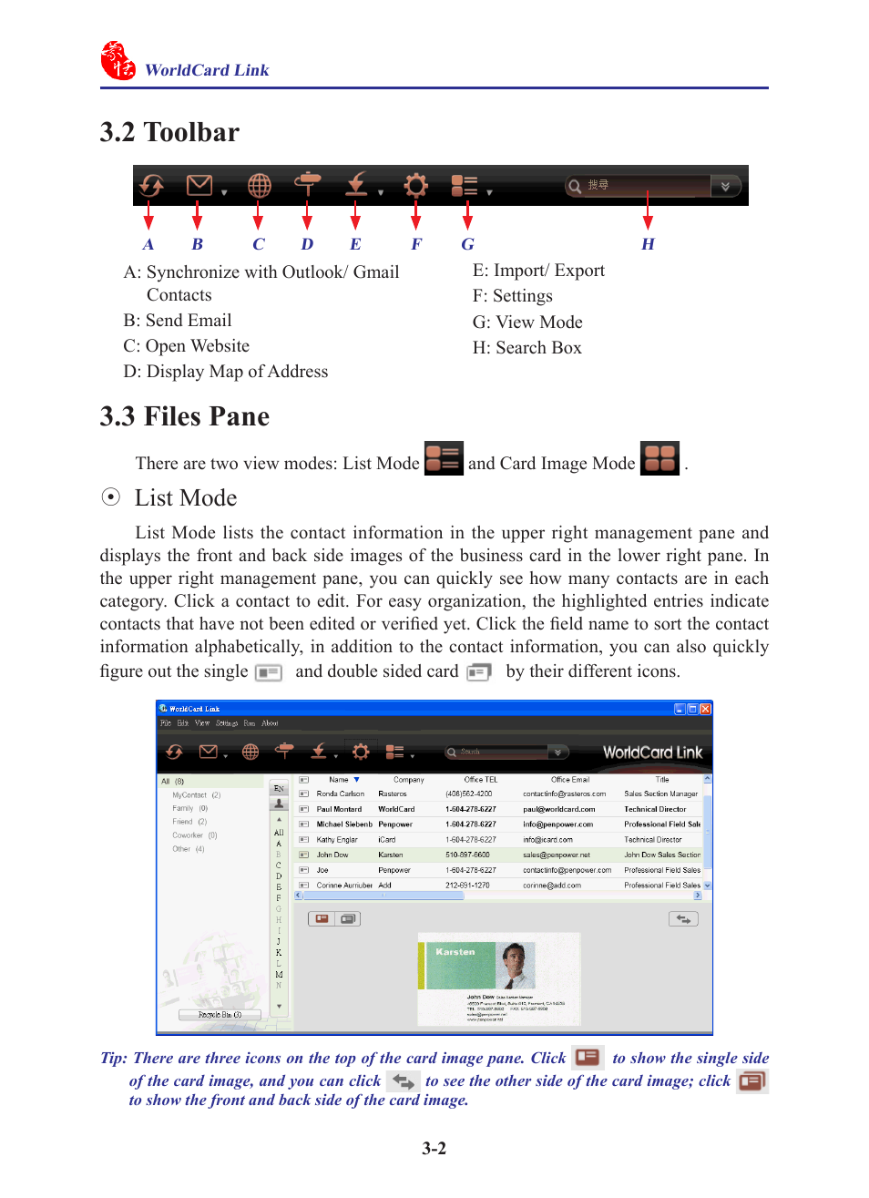 2 toolbar, 3 files pane, 2 toolbar -2 3.3 files pane -2 | List mode | Penpower WorldCard Link pro (iOS/Win) User Manual | Page 11 / 38