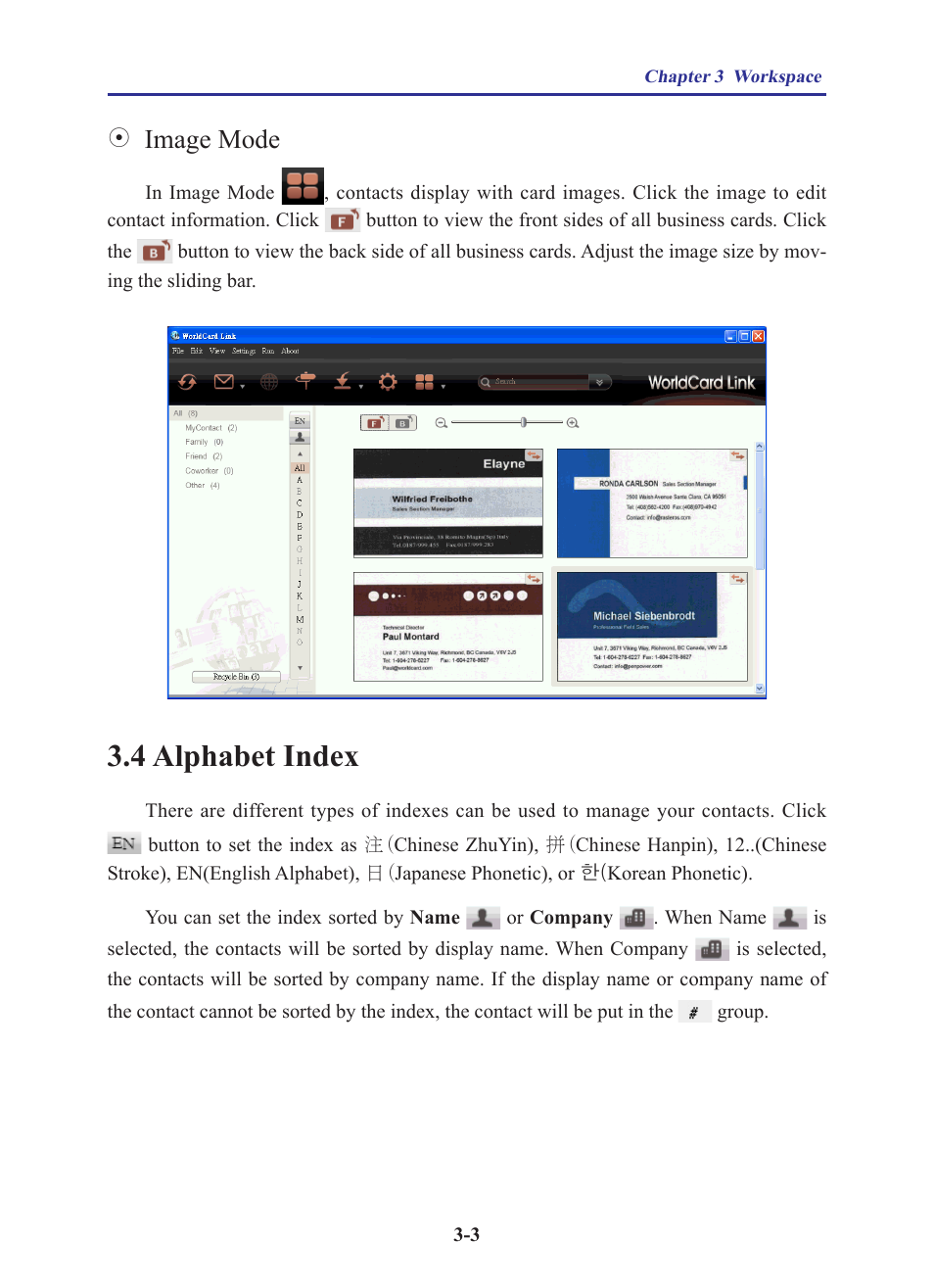 4 alphabet index, 4 alphabet index -3, Image mode | Penpower WorldCard Link pro (iOS/Win) User Manual | Page 12 / 38