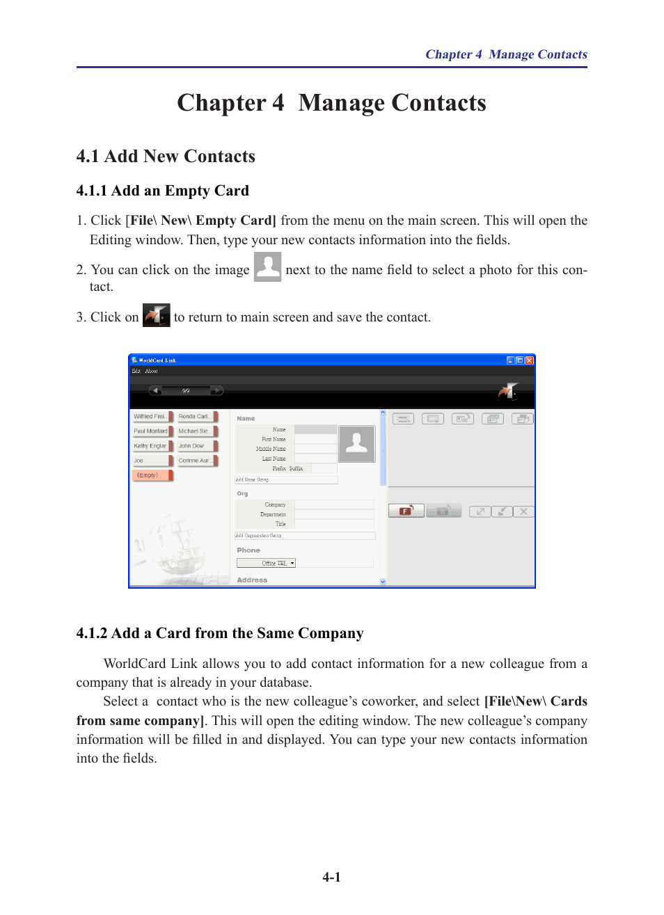 Chapter 4 manage contacts, 1 add new contacts, 1 add an empty card | 2 add a card from the same company, Chapter 4 manage contacts -1, 1 add new contacts -1 | Penpower WorldCard Link pro (iOS/Win) User Manual | Page 17 / 38