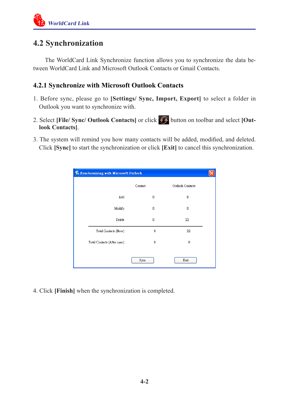 2 synchronization, 1 synchronize with microsoft outlook contacts, 2 synchronization -2 | 1 synchronize with microsoft outlook contacts -2 | Penpower WorldCard Link pro (iOS/Win) User Manual | Page 18 / 38