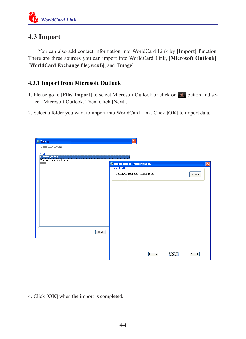 3 import, 1 import from microsoft outlook, 3 import -4 | 1 import from microsoft outlook -4 | Penpower WorldCard Link pro (iOS/Win) User Manual | Page 20 / 38