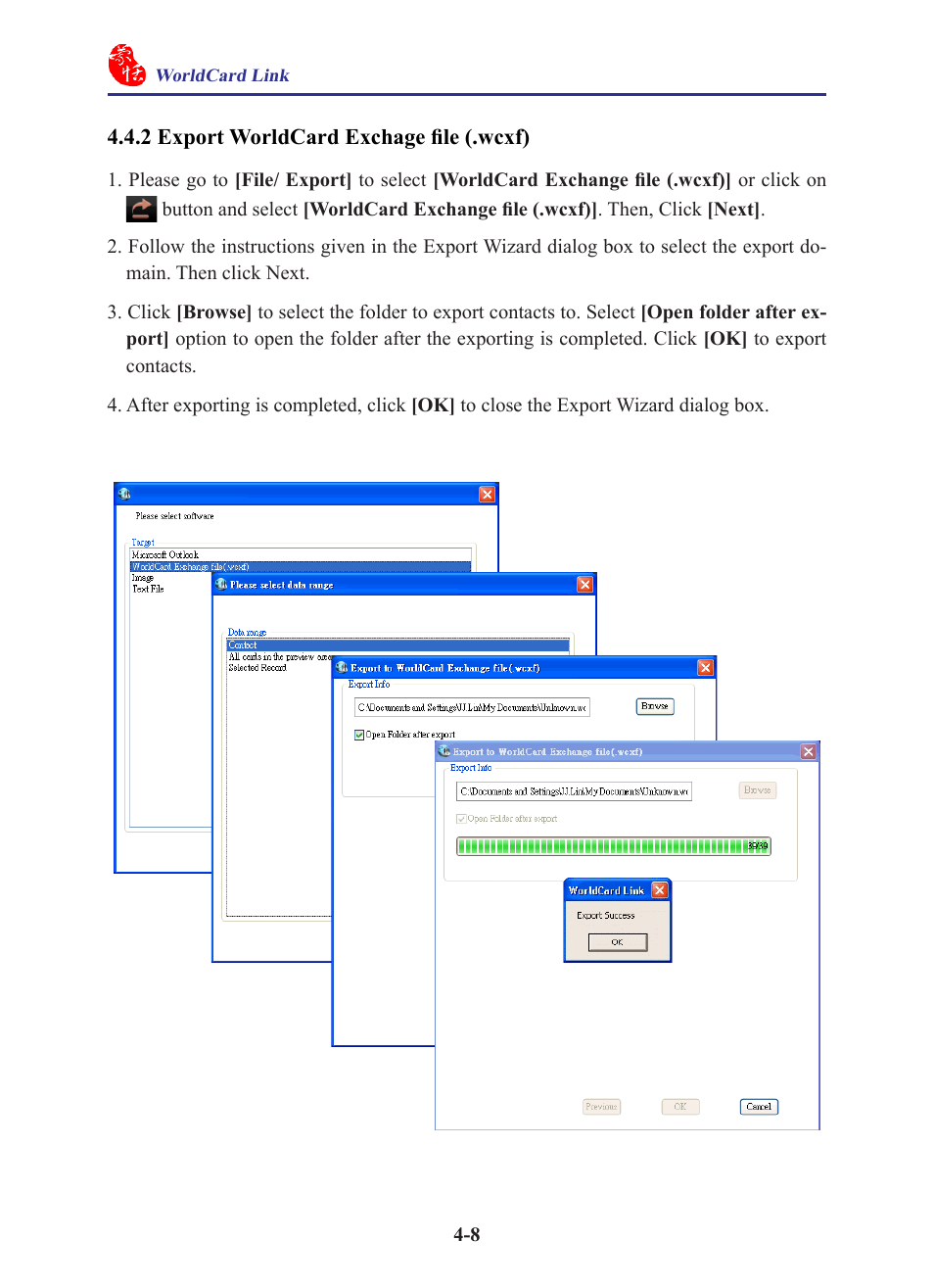 2 export worldcard exchage file (.wcxf), 2 export worldcard exchage file (.wcxf) -8 | Penpower WorldCard Link pro (iOS/Win) User Manual | Page 24 / 38