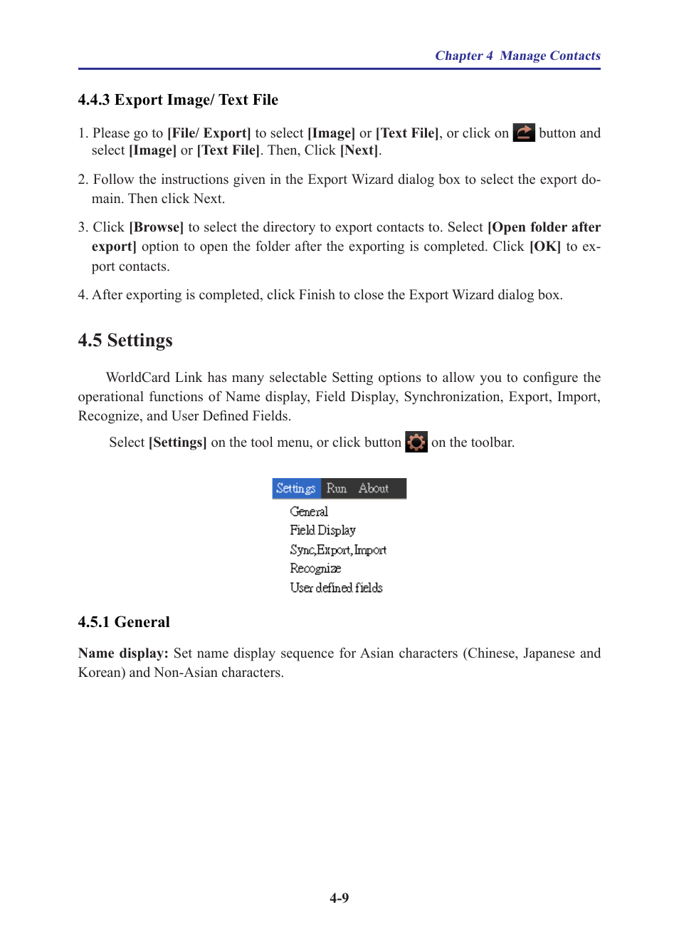 3 export image/ text file, 5 settings, 1 general | 3 export image/ text file -9, 5 settings -9, 1 general -9 | Penpower WorldCard Link pro (iOS/Win) User Manual | Page 25 / 38