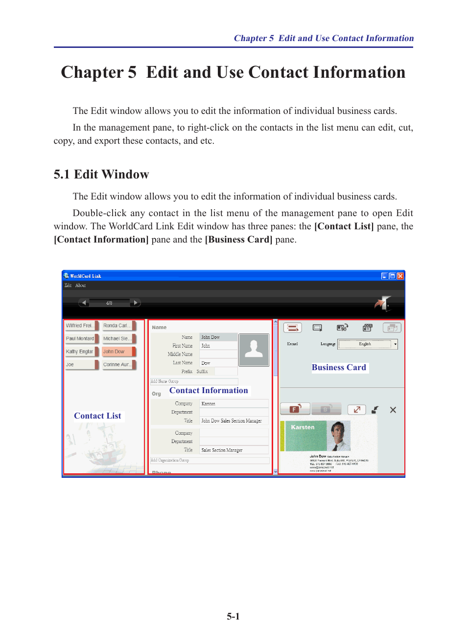 Chapter 5 edit and use contact information, 1 edit window, Chapter 5 edit and use contact information -1 | 1 edit window -1 | Penpower WorldCard Link pro (iOS/Win) User Manual | Page 32 / 38