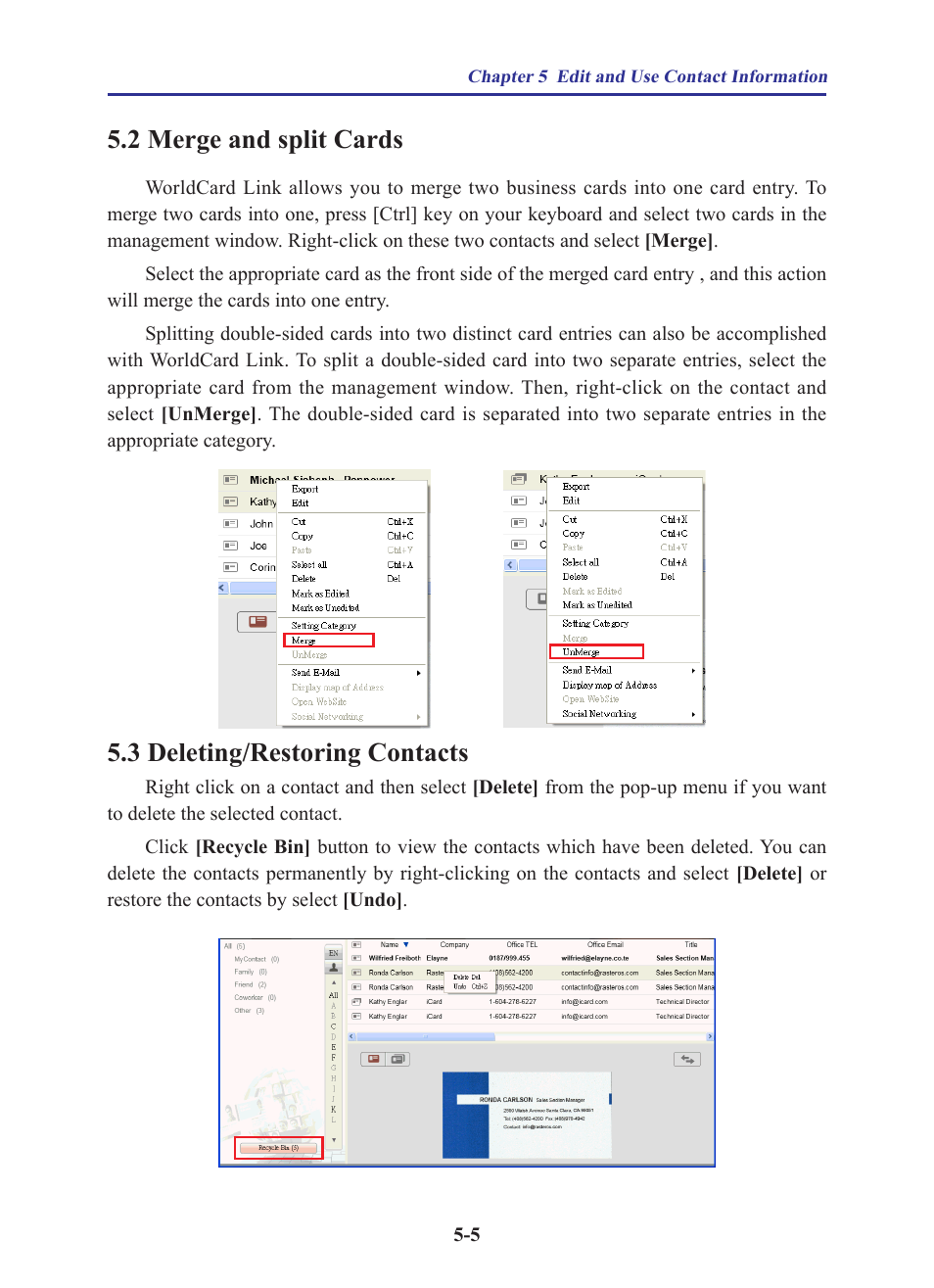 2 merge and split cards, 3 deleting/restoring contacts | Penpower WorldCard Link pro (iOS/Win) User Manual | Page 36 / 38