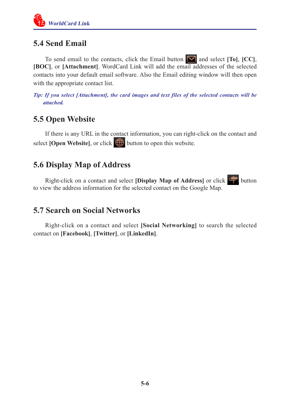 4 send email, 5 open website, 6 display map of address | 7 search on social networks | Penpower WorldCard Link pro (iOS/Win) User Manual | Page 37 / 38