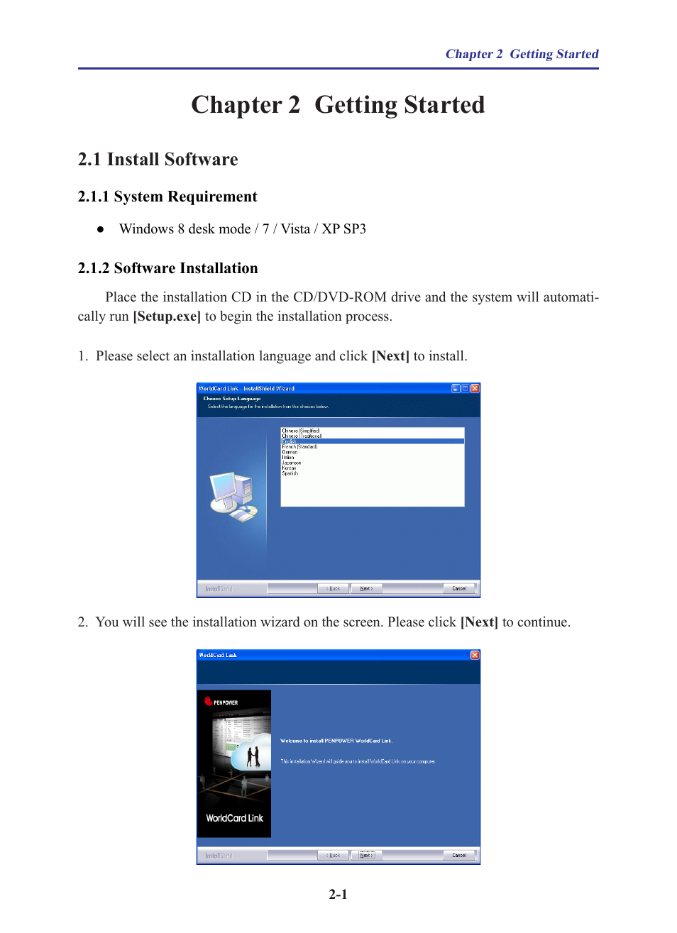 Chapter 2 getting started, 1 install software, 1 system requirement | 2 software installation, Chapter 2 getting started -1, 1 install software -1 | Penpower WorldCard Link pro (iOS/Win) User Manual | Page 5 / 38