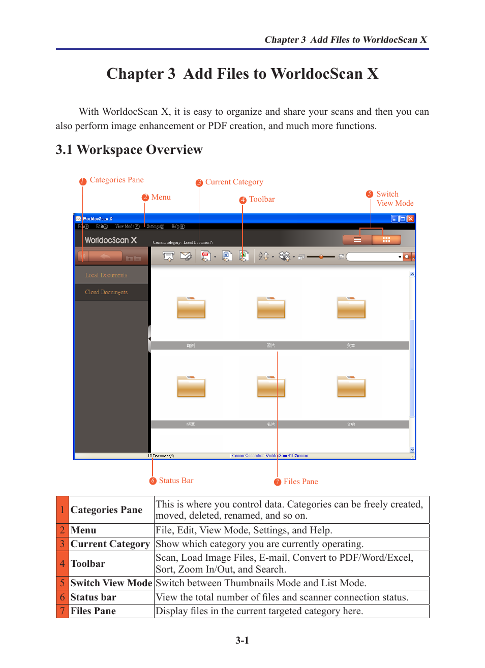 Chapter 3 add files to worldocscan x, 1 workspace overview, Chapter 3 add files to worldocscan x -1 | 1 workspace overview -1 | Penpower WorldocScan 410 (Win) User Manual | Page 12 / 60