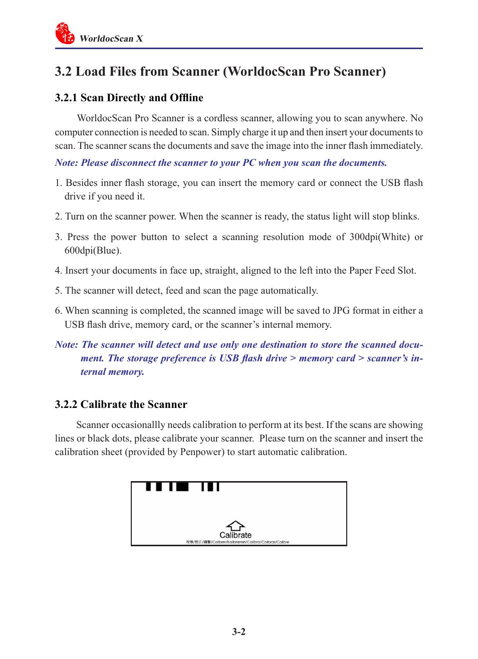 1 scan directly and offline, 2 calibrate the scanner | Penpower WorldocScan 410 (Win) User Manual | Page 13 / 60