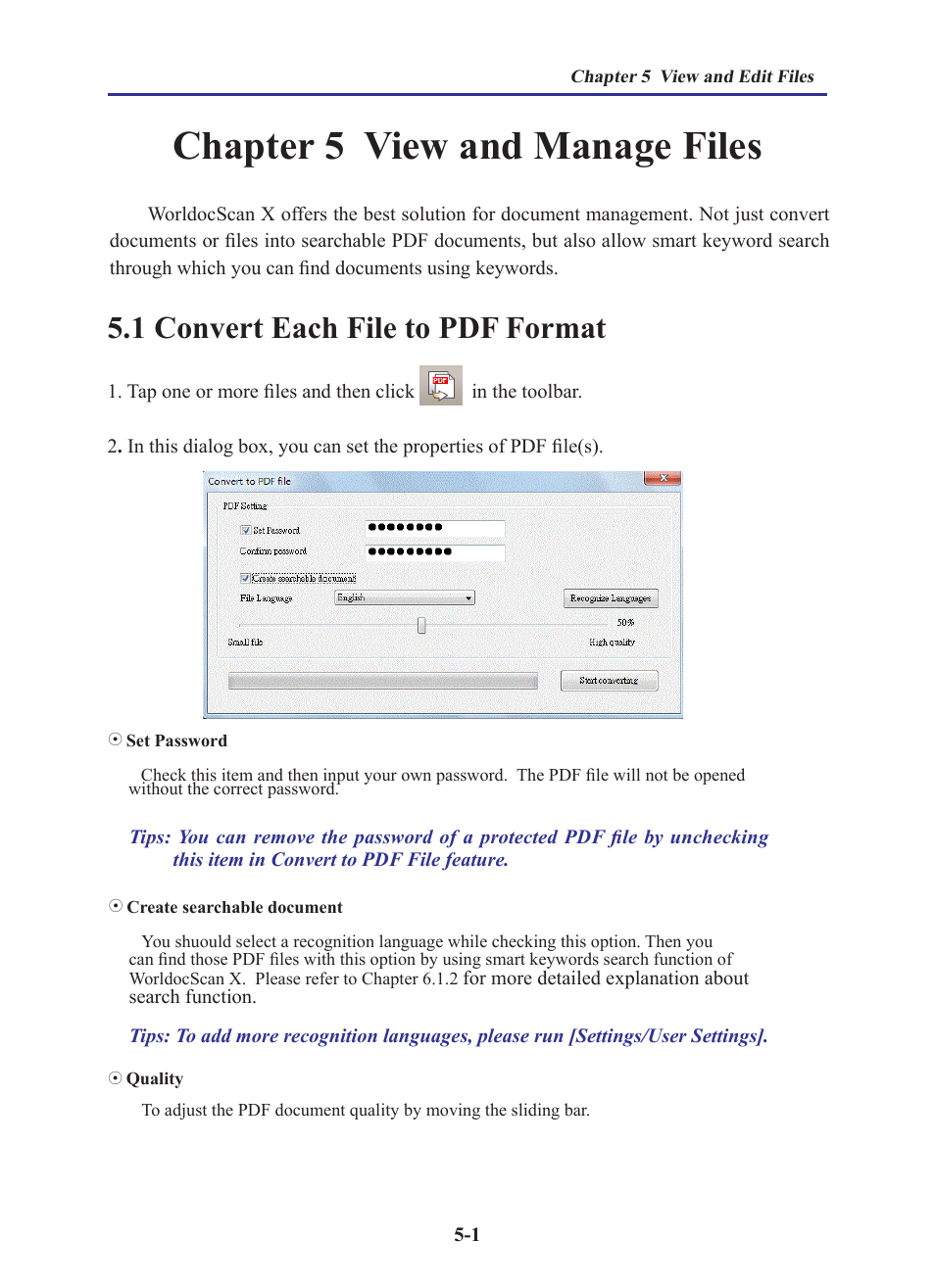 Chapter 5 view and manage files, 1 convert each file to pdf format, Chapter 5 view and manage files -1 | 1 convert each file to pdf format -1 | Penpower WorldocScan 410 (Win) User Manual | Page 40 / 60