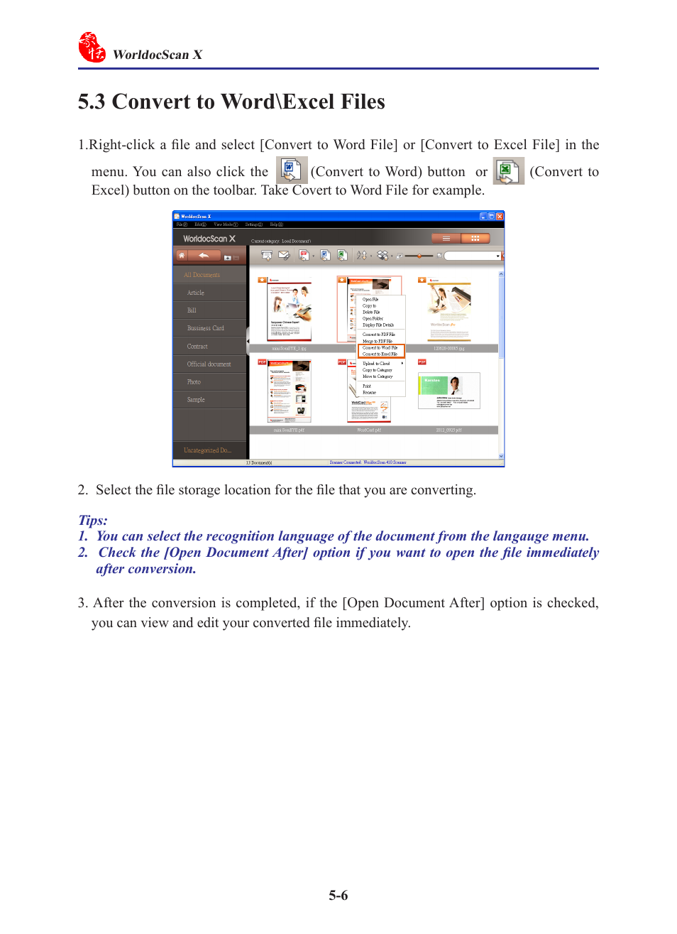 3 convert to word\excel files, 3 convert to word\excel files -6 | Penpower WorldocScan 410 (Win) User Manual | Page 45 / 60