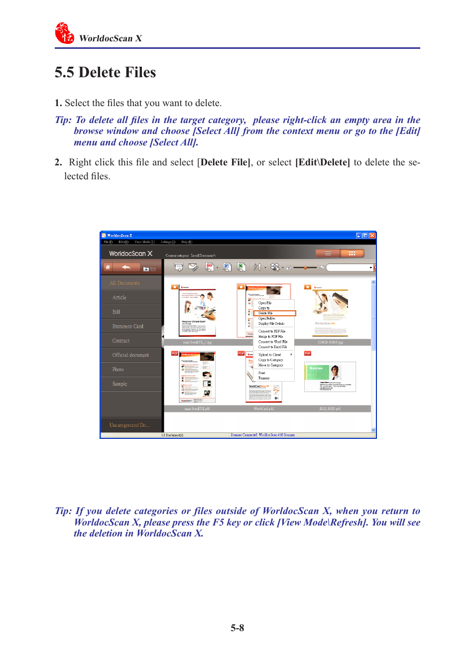 5 delete files, 5 delete files -8 | Penpower WorldocScan 410 (Win) User Manual | Page 47 / 60