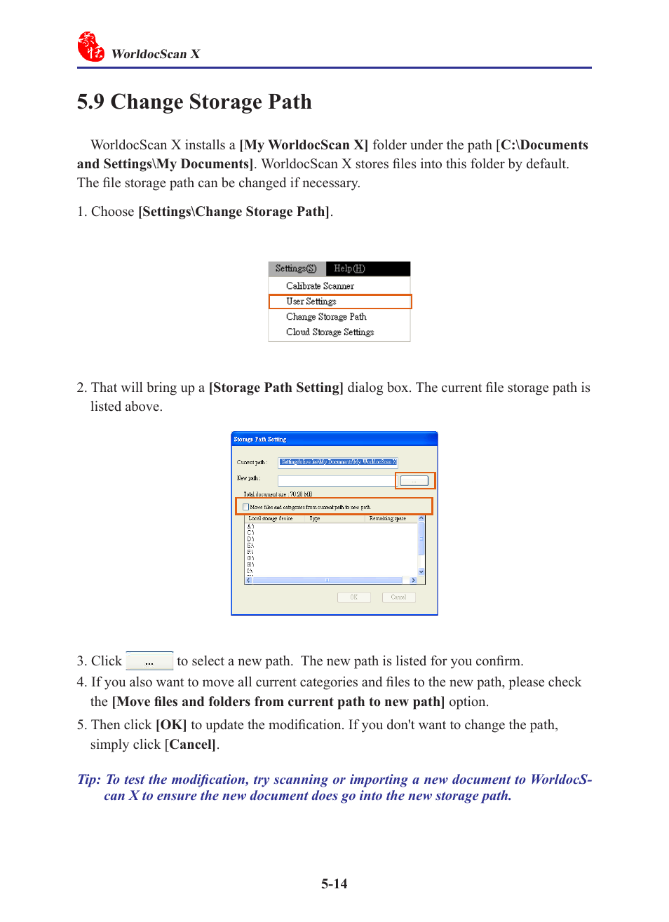 9 change storage path, 9 change storage path -14 | Penpower WorldocScan 410 (Win) User Manual | Page 53 / 60