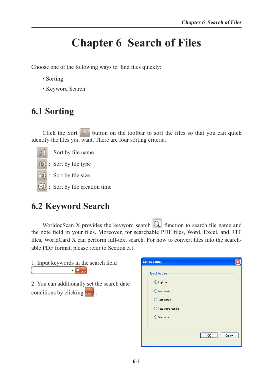 Chapter 6 search of files, 1 sorting, 2 keyword search | Chapter 6 search of files -1, 1 sorting -1 6.2 keyword search -1 | Penpower WorldocScan 410 (Win) User Manual | Page 54 / 60