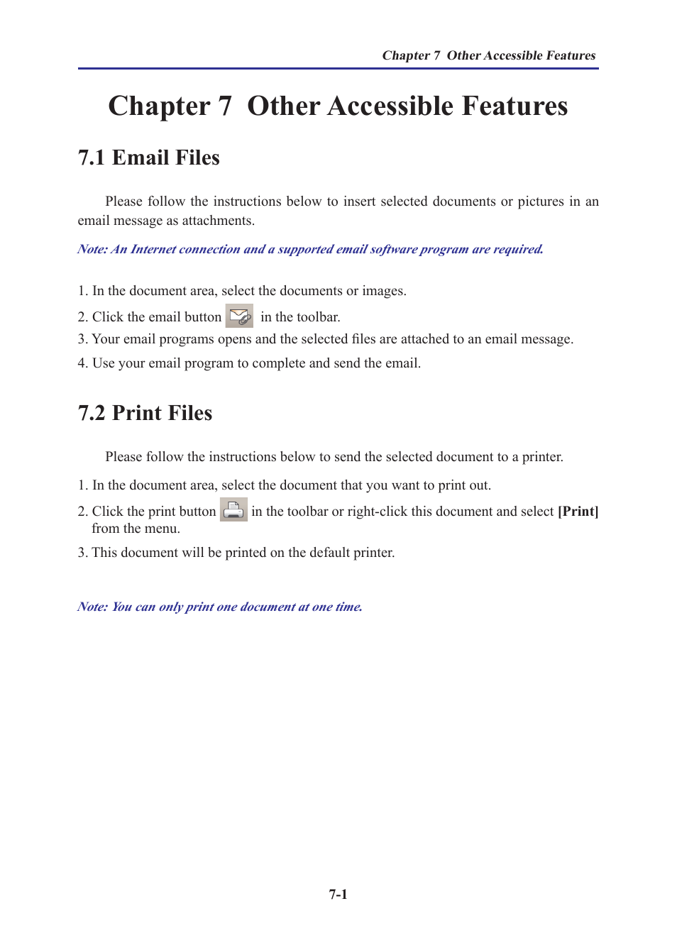 Chapter 7 other accessible features, 1 email files, 2 print files | Chapter 7 other accessible features -1, 1 email files -1 7.2 print files -1 | Penpower WorldocScan 410 (Win) User Manual | Page 56 / 60