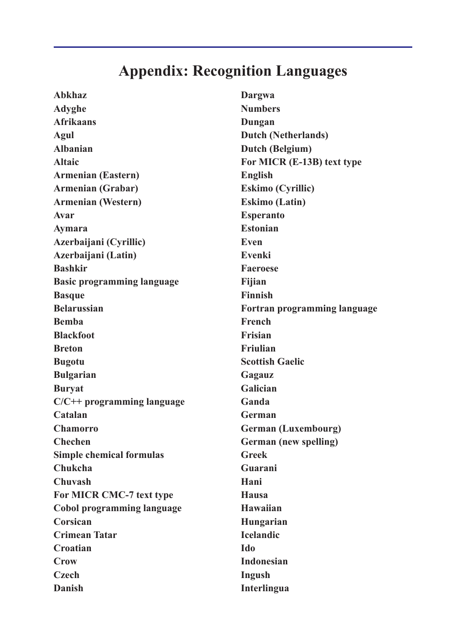Appendix: recognition languages | Penpower WorldocScan 410 (Win) User Manual | Page 57 / 60