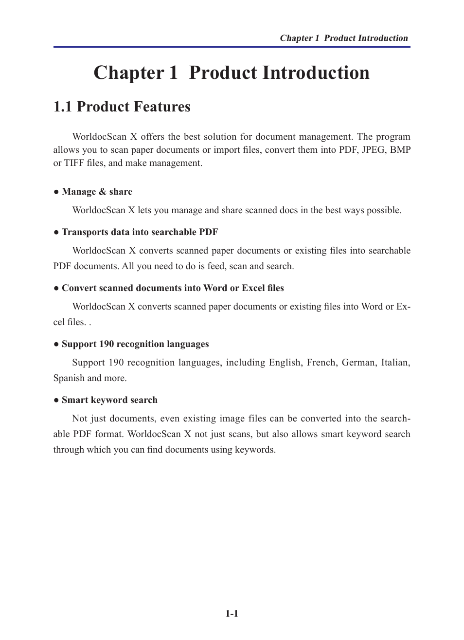 Chapter 1 product introduction, 1 product features, Chapter 1 product introduction -1 | 1 product features -1 | Penpower WorldocScan 410 (Win) User Manual | Page 6 / 60