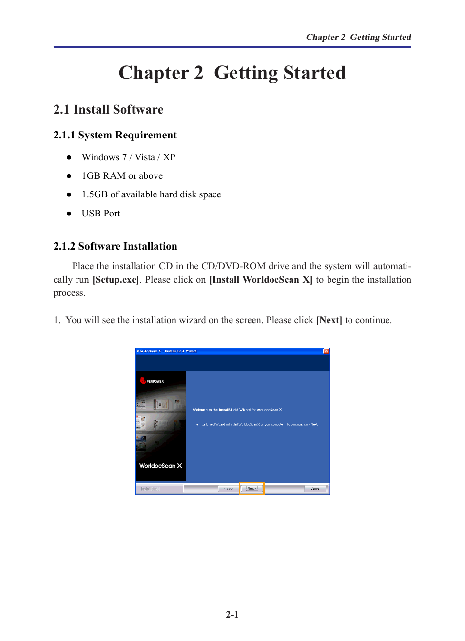 Chapter 2 getting started, 1 install software, 1 system requirement | 2 software installation, Chapter 2 getting started -1, 1 install software -1 | Penpower WorldocScan 410 (Win) User Manual | Page 7 / 60