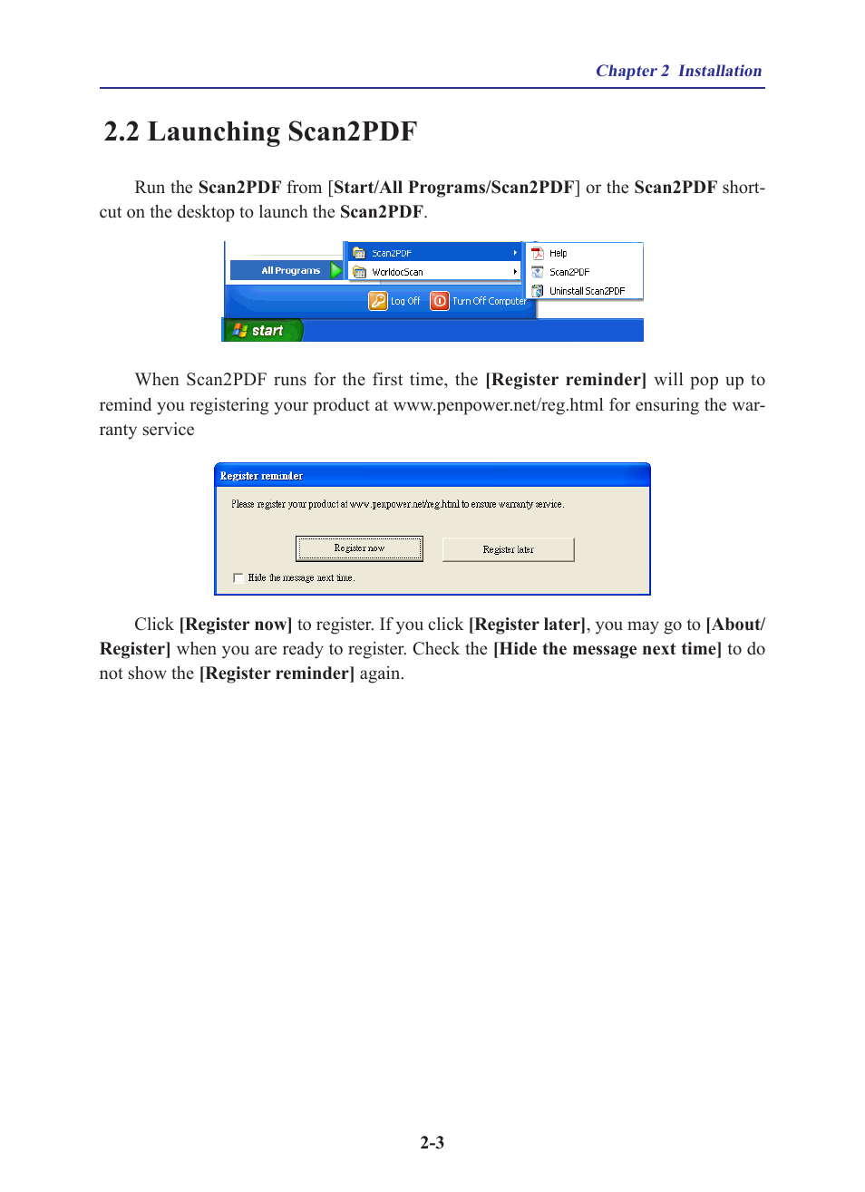 2 launching scan2pdf | Penpower WorldocScan 600 (Win) User Manual | Page 11 / 33