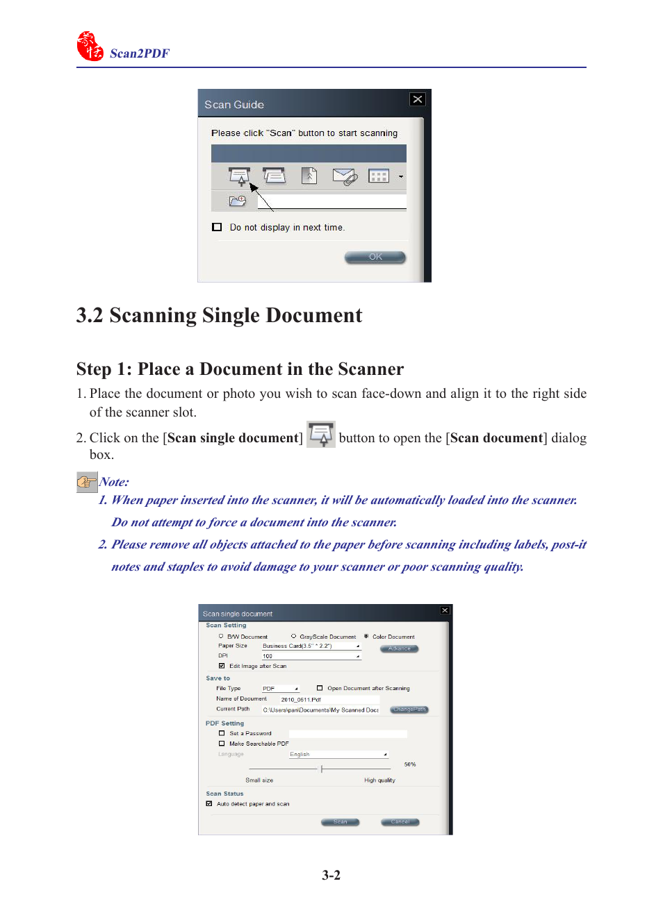 2 scanning single document, Step 1: place a document in the scanner, 2 scanning single document -2 | Step 1: place a document in the scanner -2 | Penpower WorldocScan 600 (Win) User Manual | Page 14 / 33