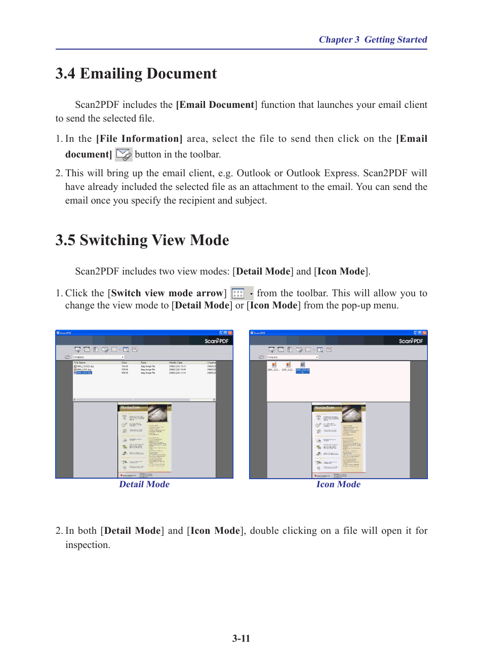 4 emailing document, 5 switching view mode | Penpower WorldocScan 600 (Win) User Manual | Page 23 / 33