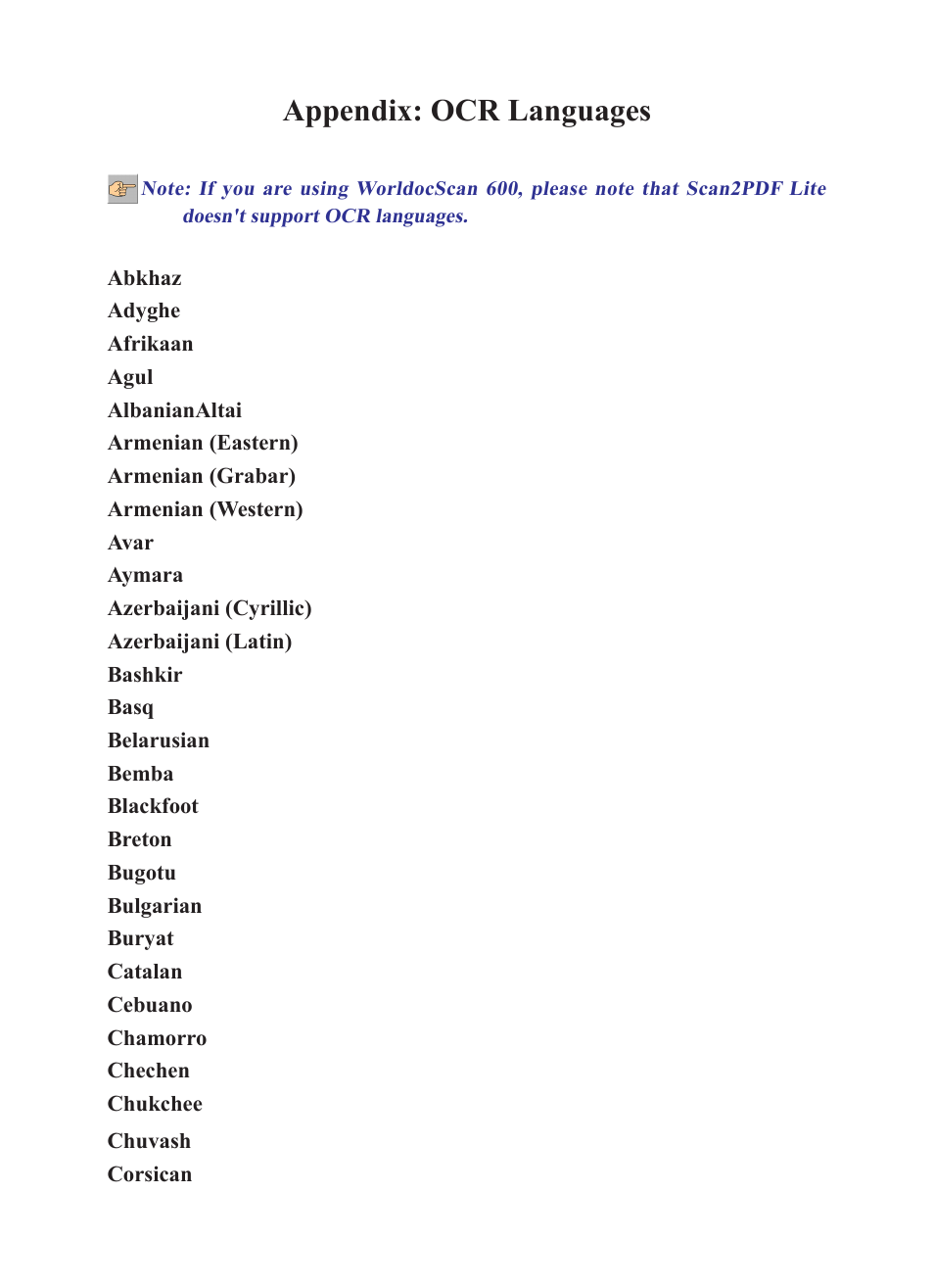 Appendix: ocr languages | Penpower WorldocScan 600 (Win) User Manual | Page 27 / 33