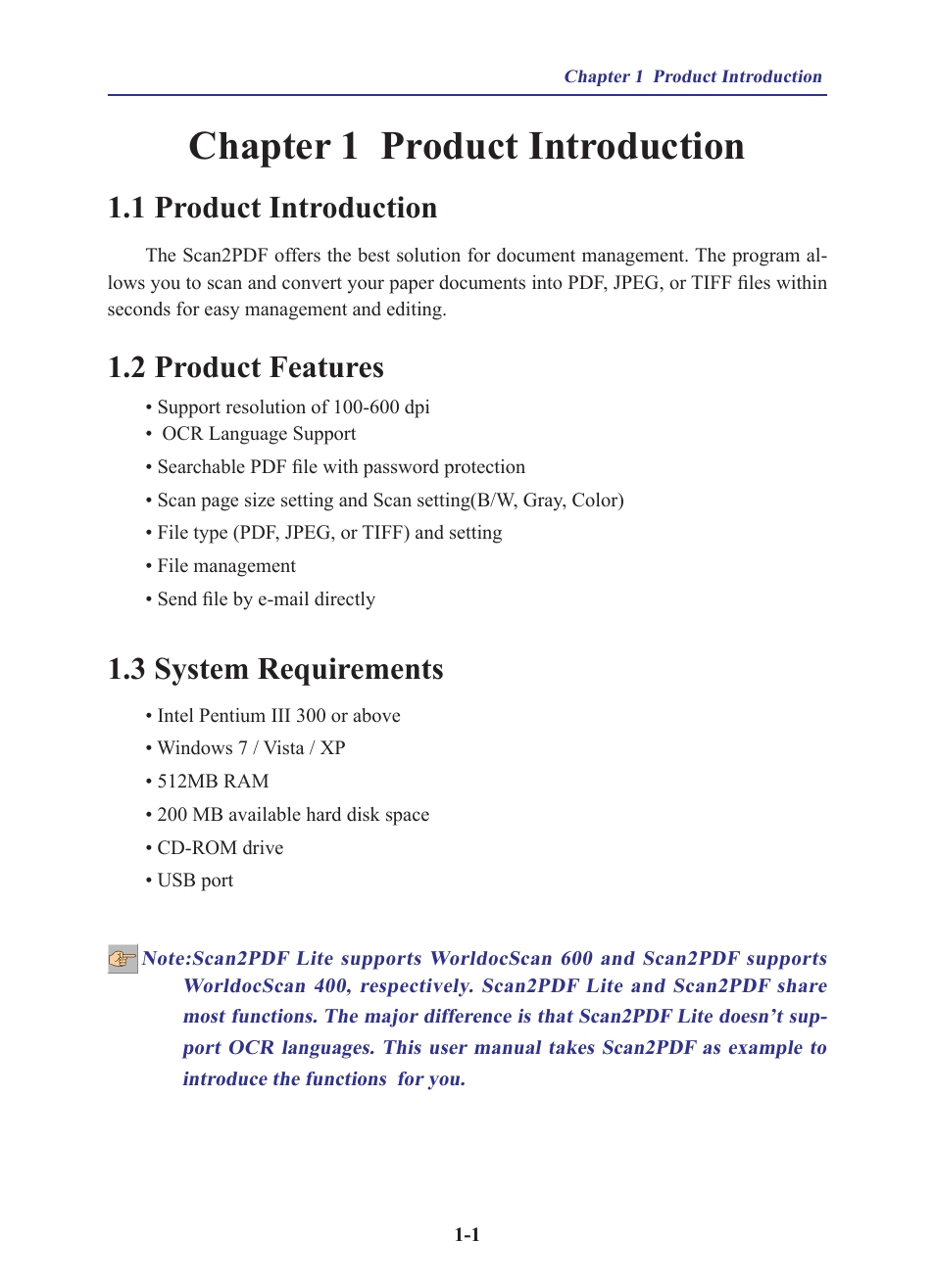 Chapter 1 product introduction, 1 product introduction, 2 product features | 3 system requirements, Chapter 1 product introduction -1 | Penpower WorldocScan 600 (Win) User Manual | Page 5 / 33