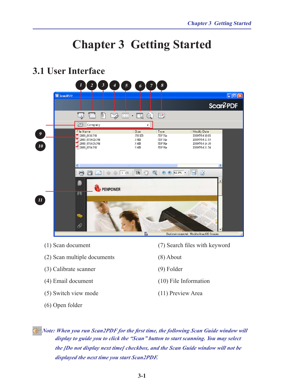 Chapter 3 getting started, 1 user interface | Penpower WorldocScan 400 (Win) User Manual | Page 13 / 33